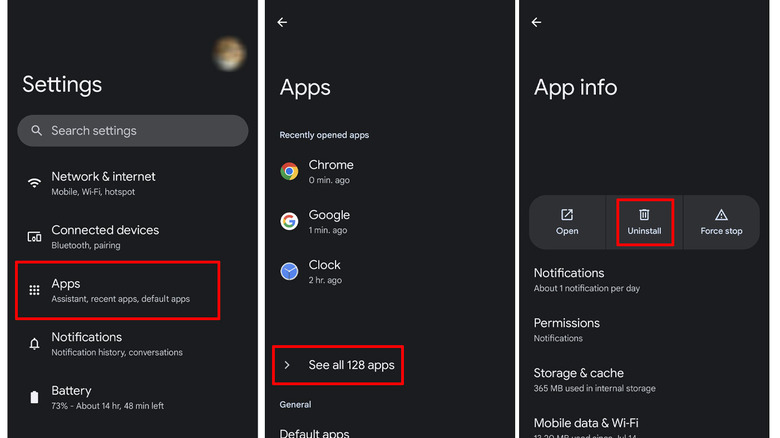 Settings and Apps screen on Android