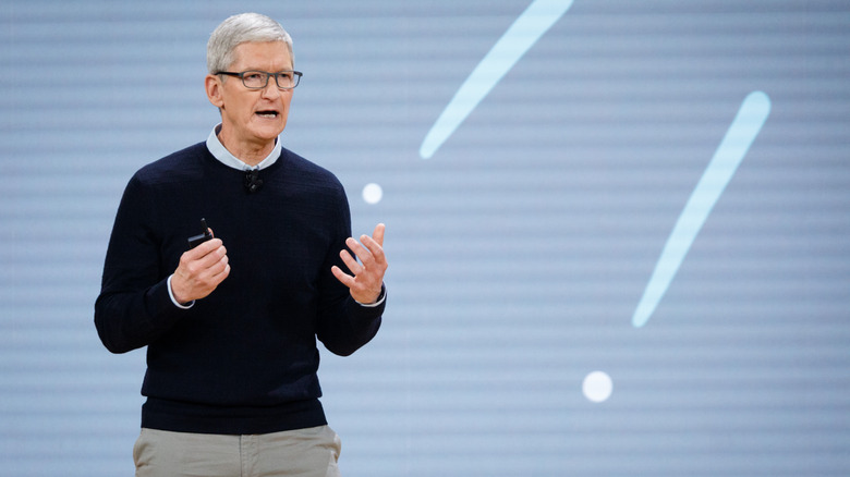 Tim Cook speaking on stage