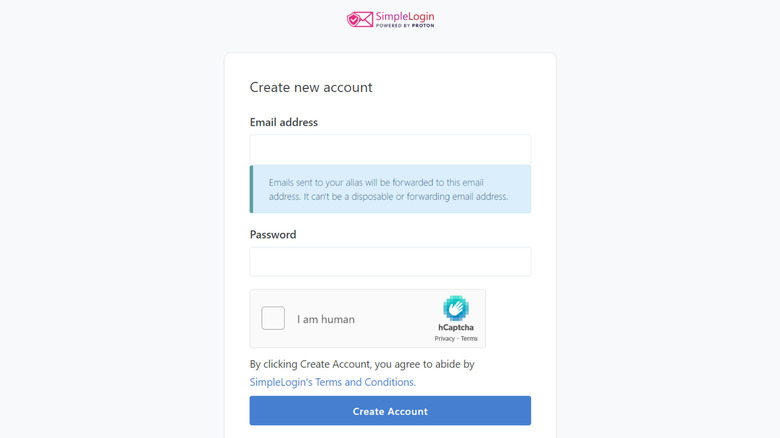 SimpleLogin sign up screen