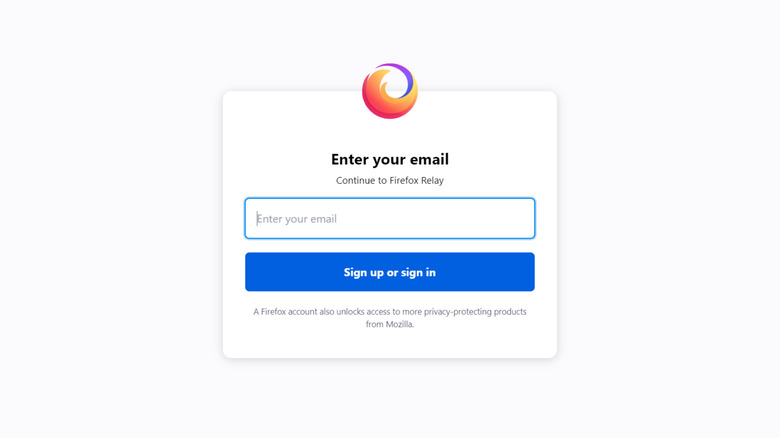 Mozilla Firefox Relay sign up screen