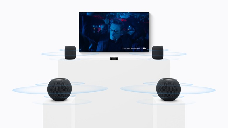 Illustration for a four-speaker surround sound experience with HomePod mini 2 and Apple TV 4K Gen-4