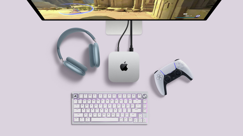 A full desktop setup with a Mac mini computer