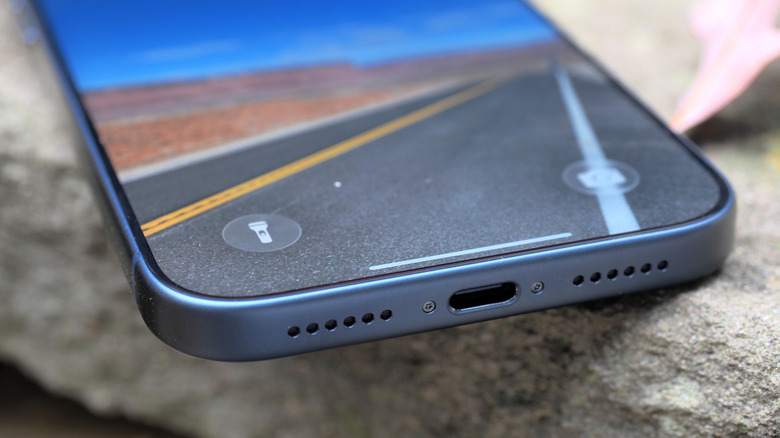 Close up of Apple iPhone 17 Pro USB-C port and bottom of screen