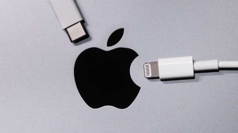 USB-C and Lightning cables placed next to the Apple logo