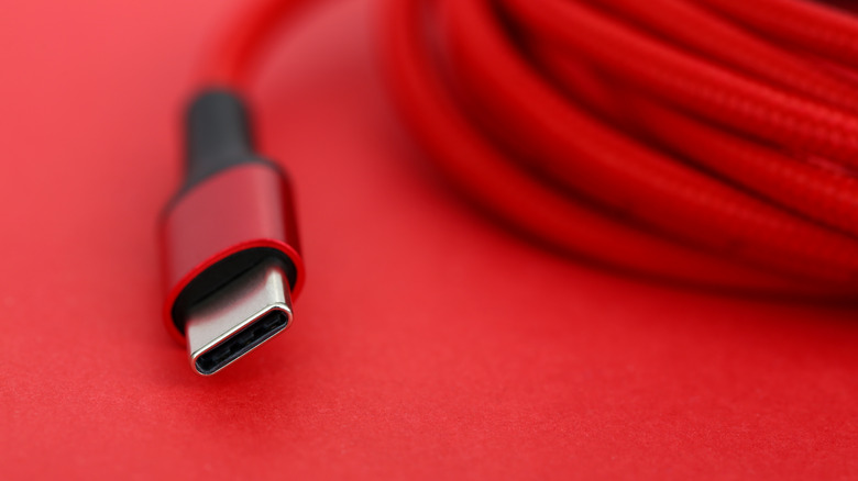 A red colored USB-C cable.