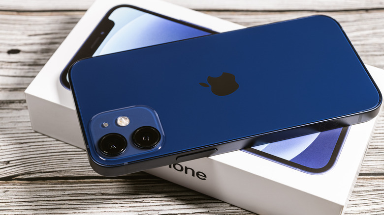 blue iPhone 12 and box