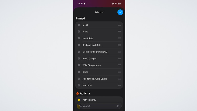 Apple iPhone Health app edit list in health summary