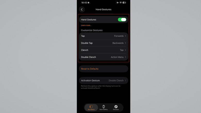 Settings for Apple Watch gesture controls