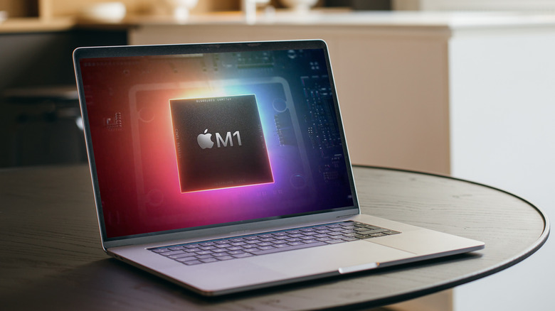 Apple MacBook with M1 logo on the screen