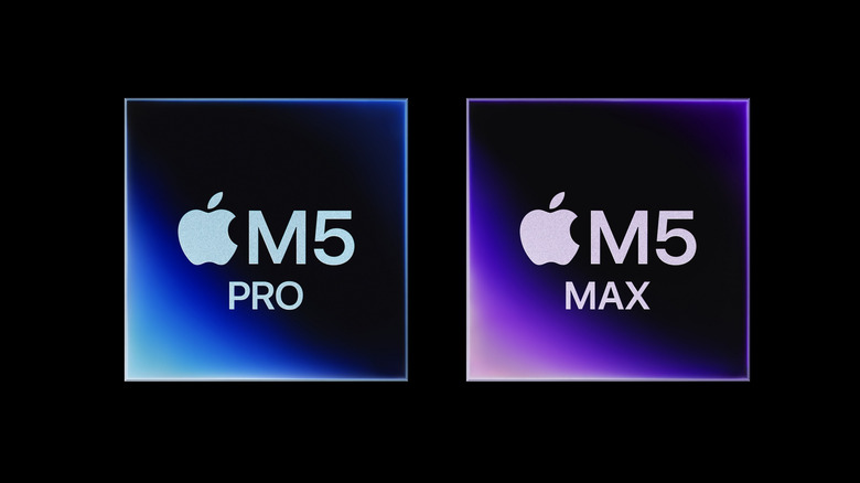Official logos for Apple's M5 Pro and M5 Max chips announced in March 2026
