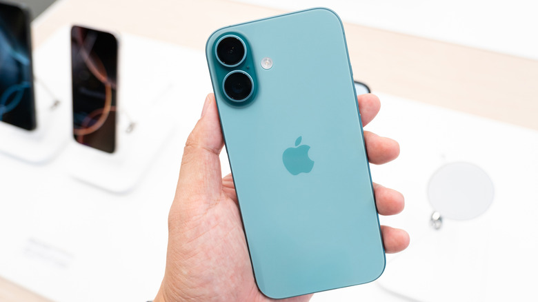 Person holds iPhone16 in aqua color camera side up