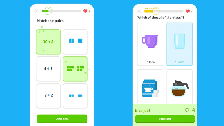 Two Duolingo screenshots set against a blue background.