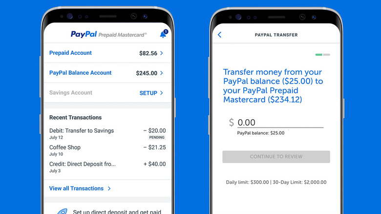 Two screenshots of the PayPal mobile app against a blue background.