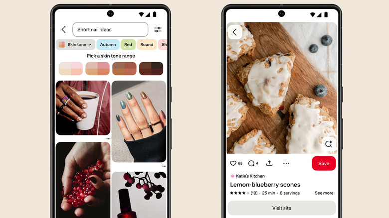 Two screenshots of the Pinterest app showing painted nails and a scones recipe.