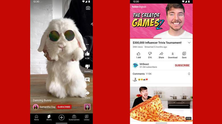 Two screenshots of the YouTube app on a red background.