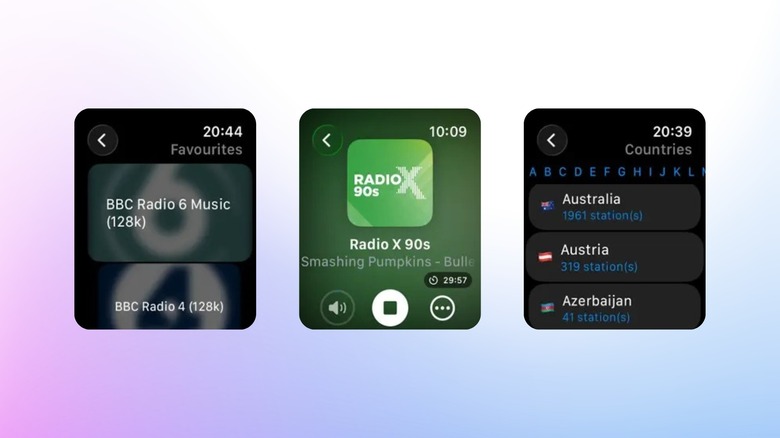 Streamlets Apple Watch app screens showing favorite radio stations player controls and country station list