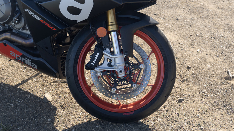 Aprilia RS660 front wheel, brakes, and Kayaba forks