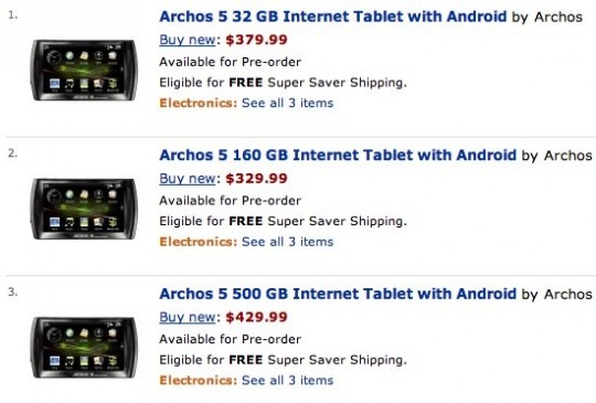 Amazon Archos 5 Android Internet Tablet preorder