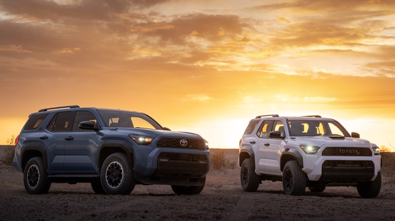 White and blue 2025 Toyota 4Runners in desert at sunset