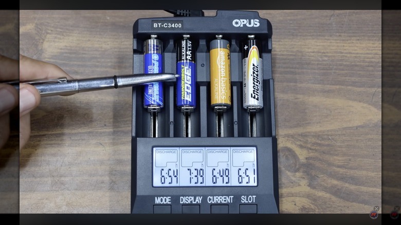 Screenshot of Project Farm testing four different AA batteries