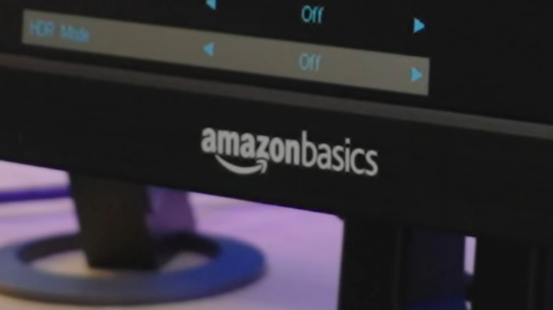 Close-up of the Amazon Basics logo on a monitor