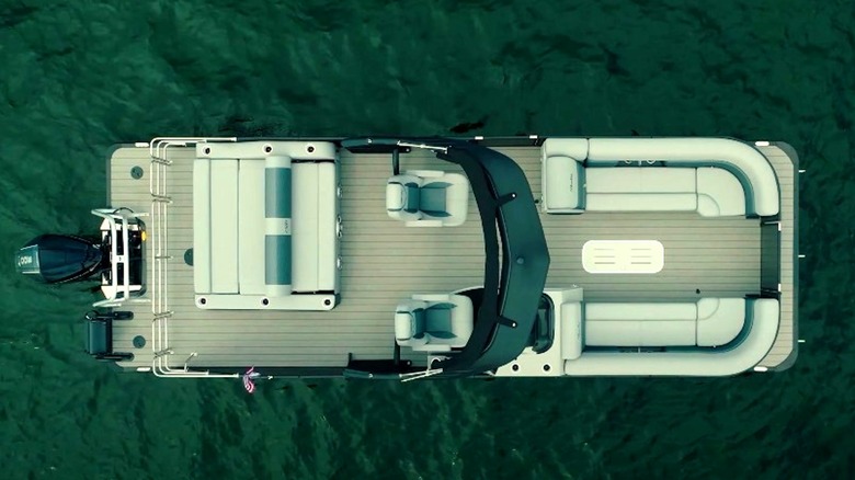An aerial view of a Bentley Pontoons boat.