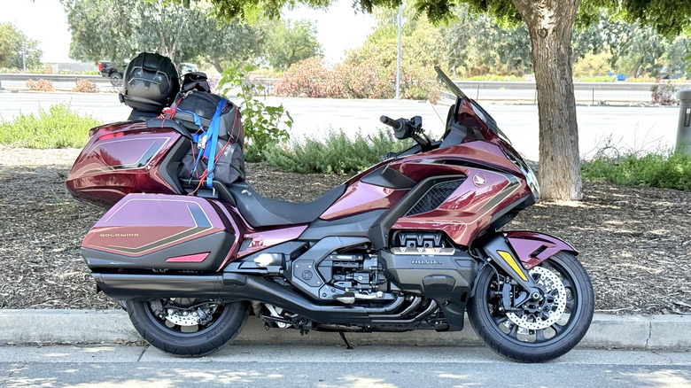 Maroon Honda Gold Wing Motorcycle parked under a tree