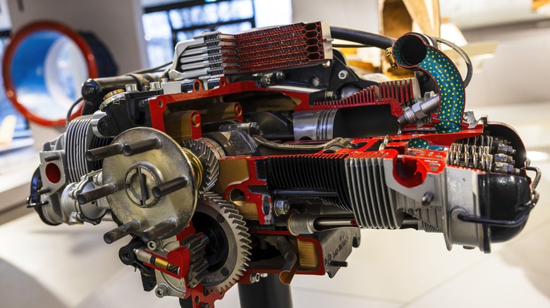 Cutaway view of a flat engine on display at what appears to be a museum