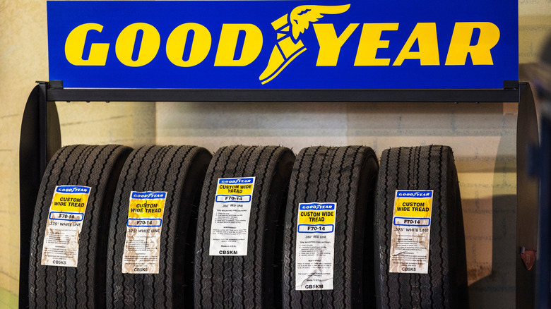 Goodyear tires on display at a tire shop