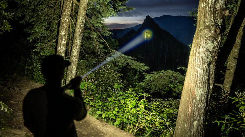 Figure shining torch at night