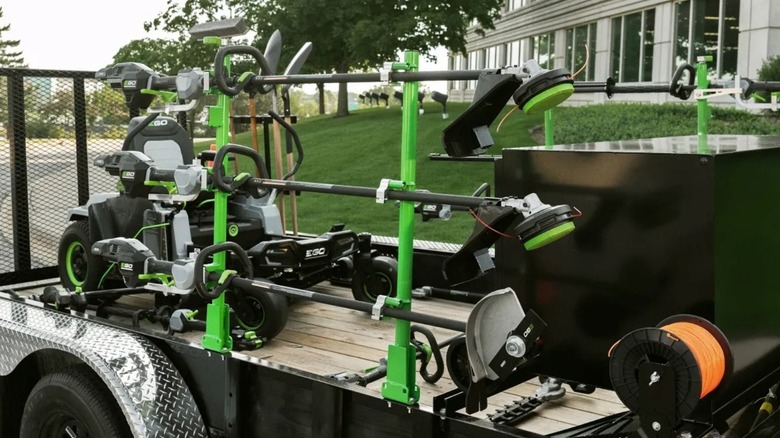 A landscaper's trailer loaded with Ego Power equipment.