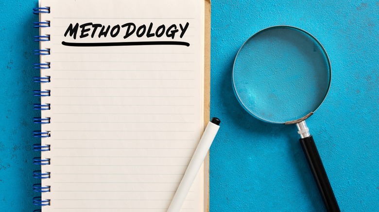 Using a magnifying glass and notepad to display methodology.