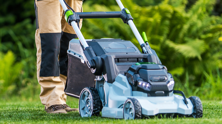 Gardener with electric lawn mower
