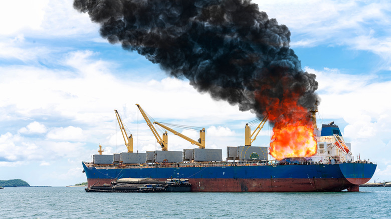 Cargo ship on fire 
