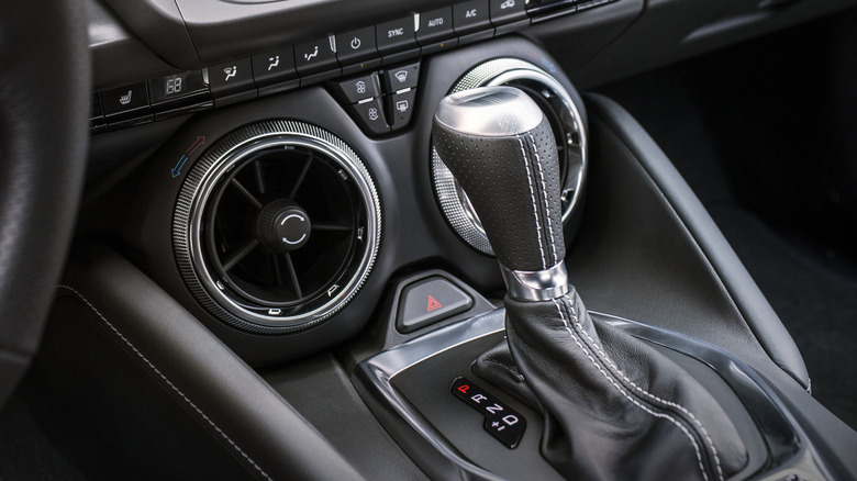 Close-up view of automatic shifter on 2024 Chevrolet Camaro SS.
