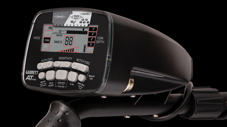 A close up of the Garrett AT Pro metal detector's dash and control box