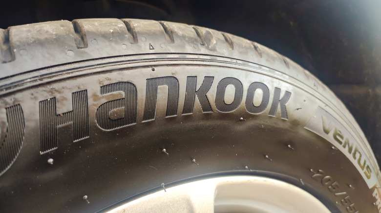 close-up of Hankook nameplate on tire