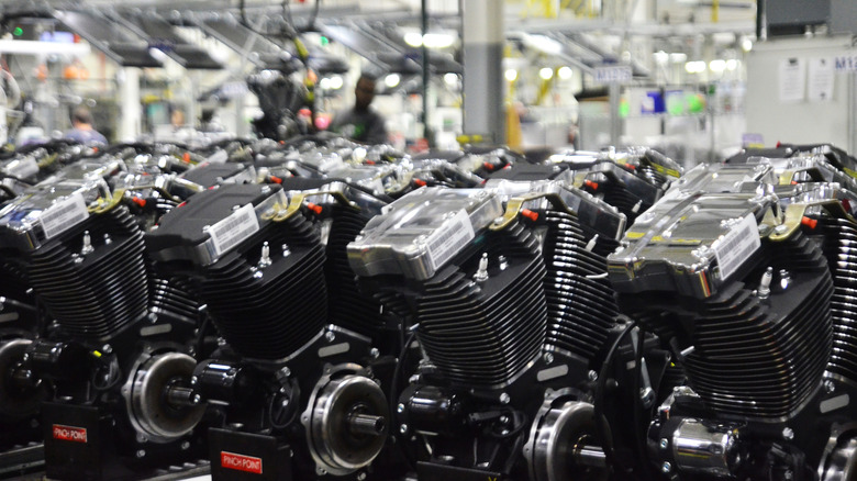A row of Harley-Davidson engines lined up at the Menomonee assembly plant.
