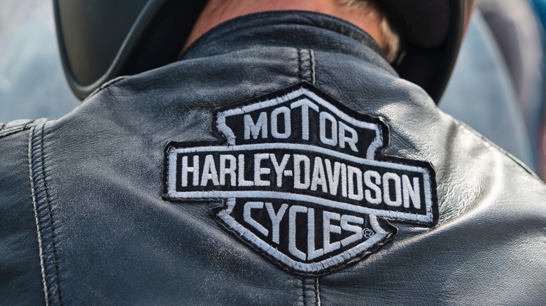 Close-up of a leather jacket with a Harley-Davidson logo on the back of a helmeted figure.