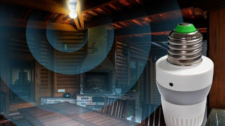 light adapter overlayed on image of a sun room in log cabin with light bulb on ceiling