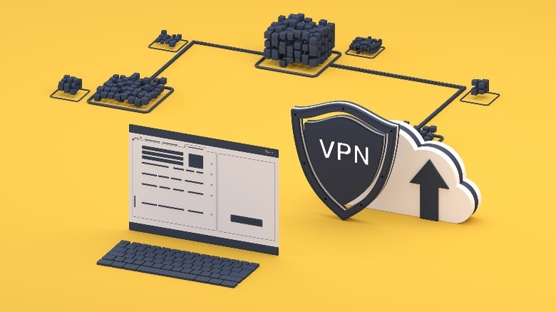 Computer connected to a VPn against a yellow background