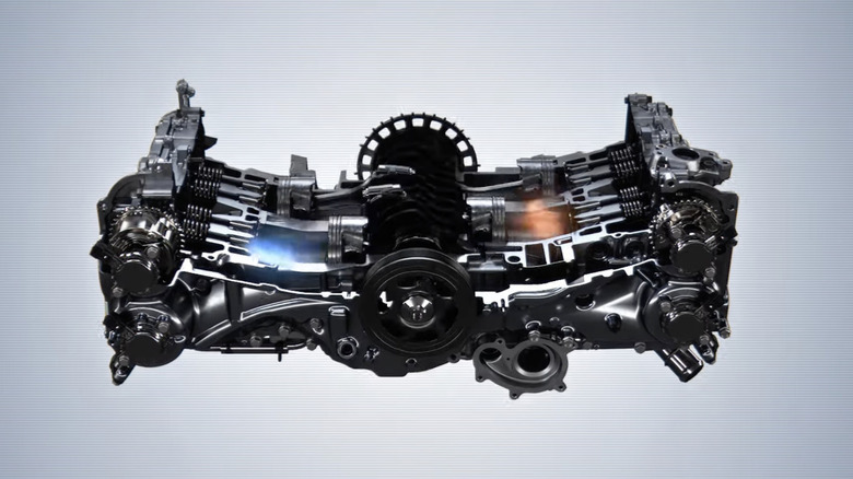 A close-up of the pistons and combustion chamber in a Subaru boxer engine