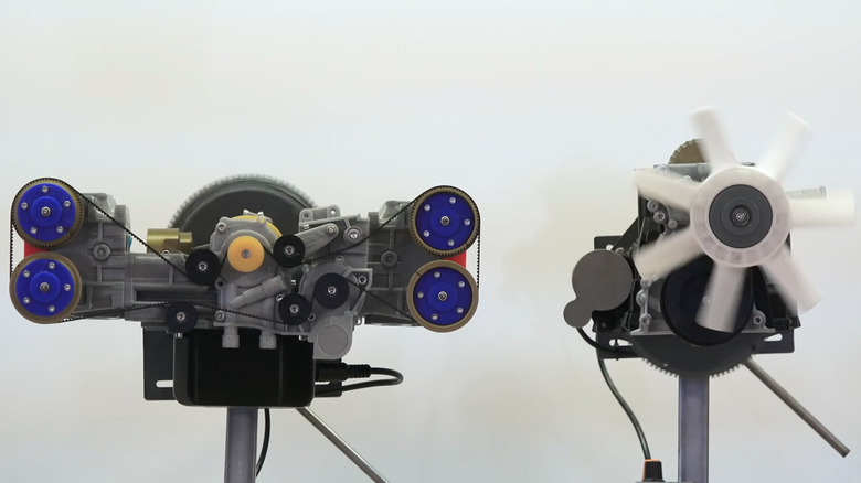 A side-by-side comparison of a flat engine and a regular inline engine