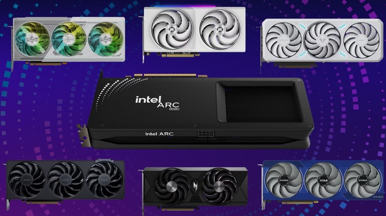 Intel Arc B-series GPUs over a purple background