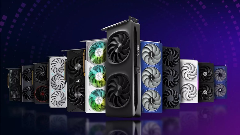 Several Intel Arc B-series graphics cards lined up in front of a purple gradient background