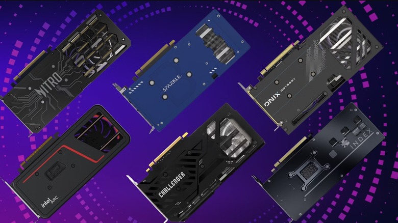 Six Intel Arc B570 GPUs seen from the back, over a purple background