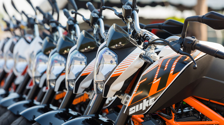 KTM Duke 390 lined up at a dealership