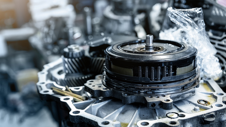 Close-up of disassembled automatic transmission with gears facing up