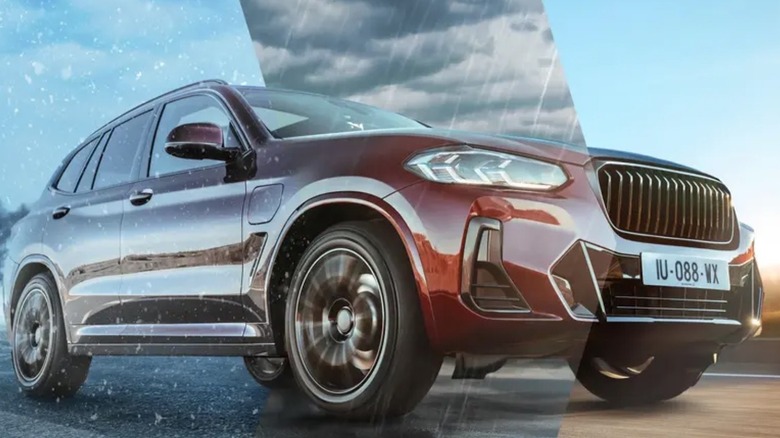 Render depicting a vehicle riding through multiple weather events on Michelin CrossClimate3 tires