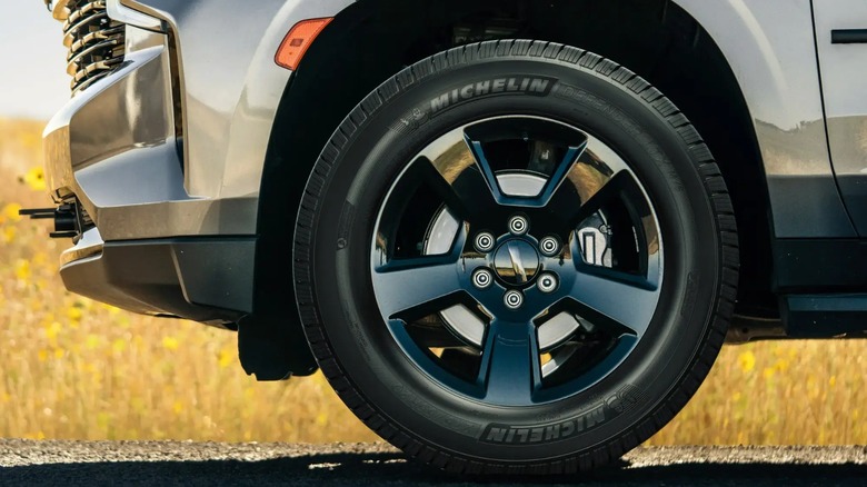 Close-up of a Michelin LTX M/S2 tire on an SUV.